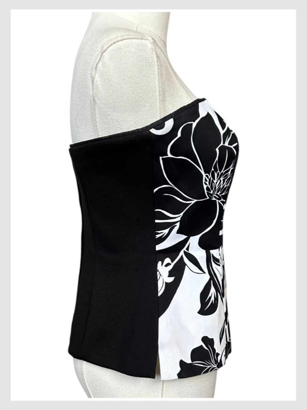 White House Black Market Bustier Top Black White Strapless Floral 2 XS - Picture 5 of 8